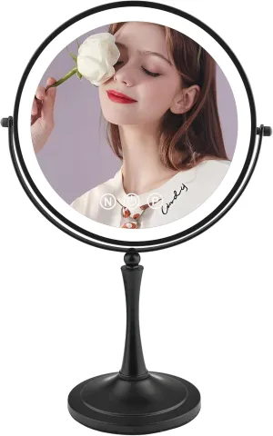 10" Large Lighted Makeup Mirror, 1X/10X Magnifying Mirror with Lights, Double Sided Vanity Mirror with Lights, 3 Color LED Dimmable 5000mAh Rechargeable Light Up Magnifying Mirror Black