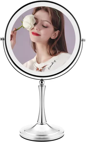 10" Large Makeup Mirror with Lights, 1X/10X Magnifying Vanity Mirror with 3 Colors Dimmable Lightning, 96 LED Lights, 360°Rotation Double Sided Standing Desk Mirror