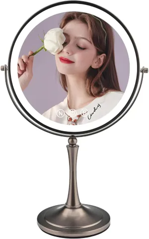 10" Lighted Makeup Mirror with Magnification, 1X/10X Double Sided Magnifying Lighted Vanity Mirror, 360 Rotation, 3 Colors Dimmable Rechargeable Makeup Mirror with 96 LED Lights Grey