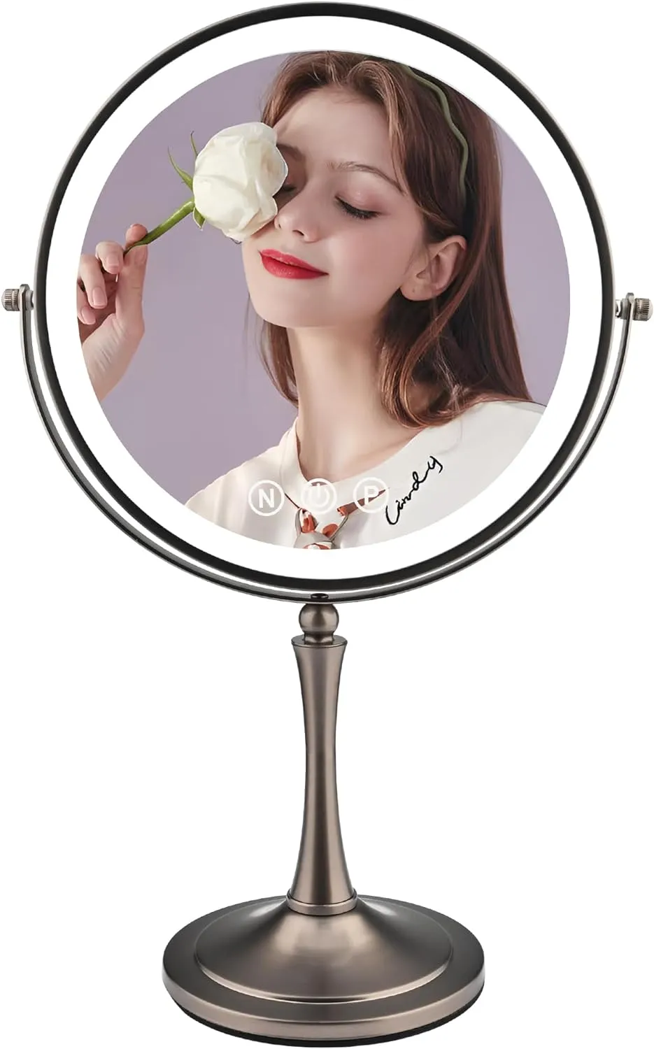 10" Lighted Makeup Mirror with Magnification, 1X/10X Double Sided Magnifying Lighted Vanity Mirror, 360 Rotation, 3 Colors Dimmable Rechargeable Makeup Mirror with 96 LED Lights Grey