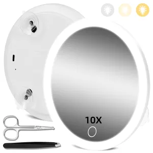 10X Magnifying Mirror with Lights, 10X Magnified Mirror with 3 Color Lights Adjustable Brightness, Rechargeable 6inch Travel Magnification with 3 Suction Cups - Includes Tweezers & Scissors