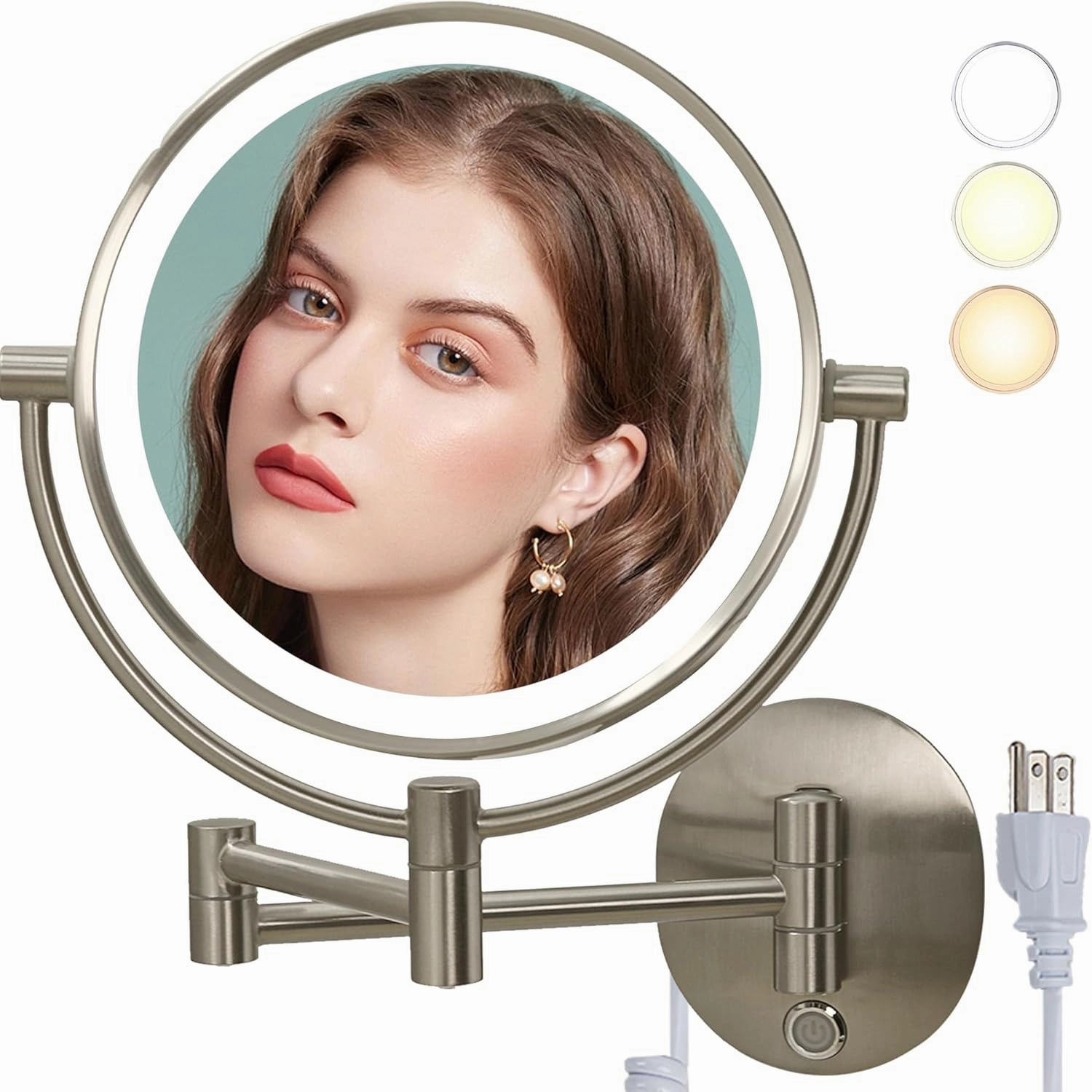 10X/1X Plug in Magnifying Wall Mounted Shaving Mirror with Lights, TUSHENGTU 8"Plug in Wall Mounted Makeup Vanity Mirror Brushed Nickefor Bathroom Hotel, 360°Double Sides LED Magnifying Vanity Mirror