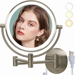 10X/1X Plug in Magnifying Wall Mounted Shaving Mirror with Lights, TUSHENGTU 8"Plug in Wall Mounted Makeup Vanity Mirror Brushed Nickefor Bathroom Hotel, 360°Double Sides LED Magnifying Vanity Mirror
