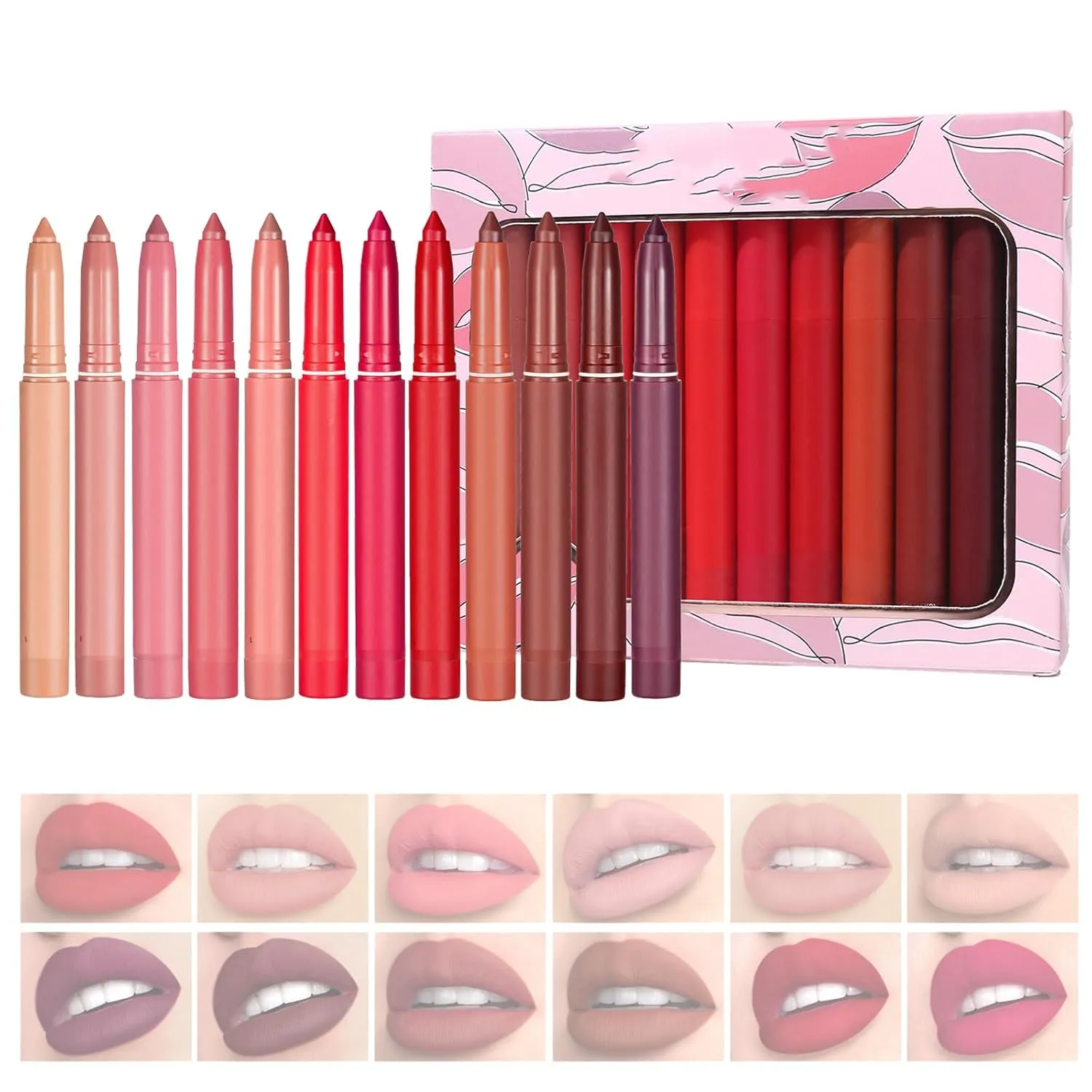 12 Color Rotating Sharpenable Matte Lipstick Pencils, 12 Colors Crayon Lipstick, Non-sticky Long-lasting Wear with Built-in Sharpener
