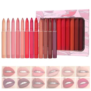 12 Color Rotating Sharpenable Matte Lipstick Pencils, 12 Colors Crayon Lipstick, Non-sticky Long-lasting Wear with Built-in Sharpener