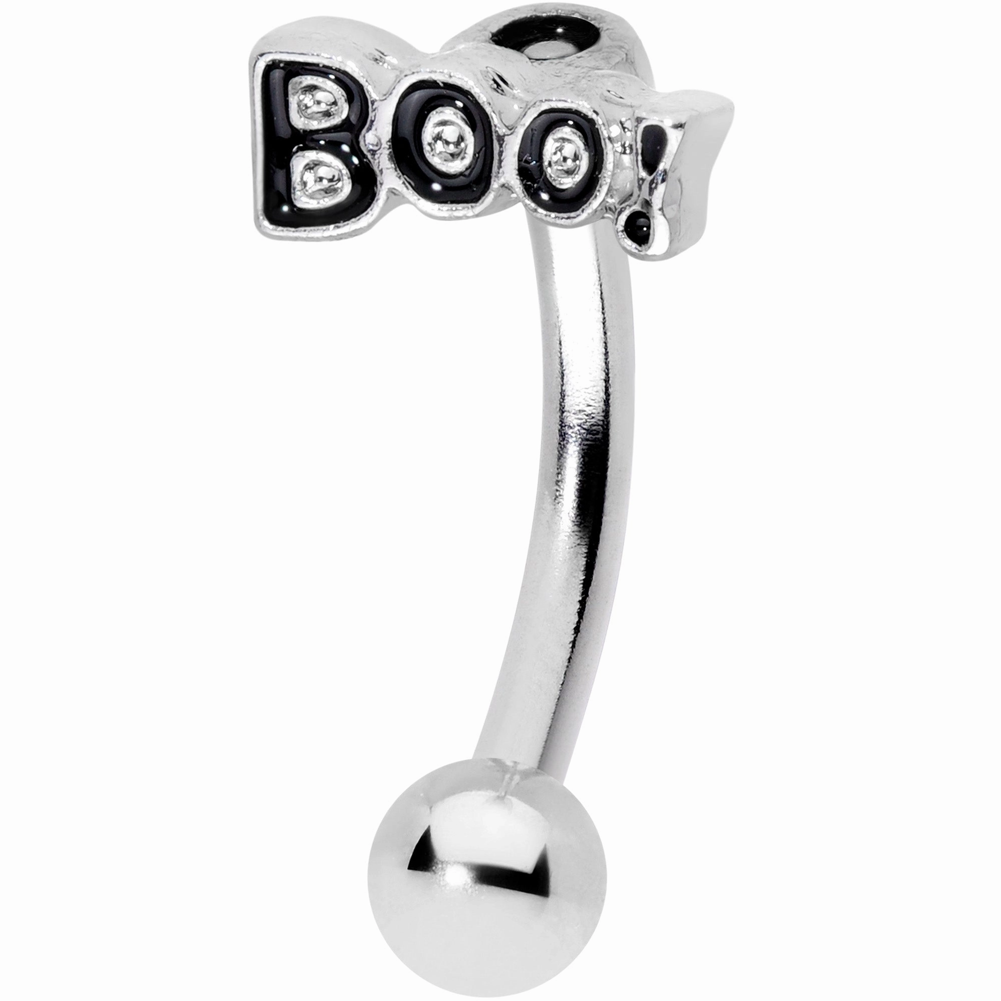 14 Gauge 5/16 Black Text Boo Halloween Curved Eyebrow Ring
