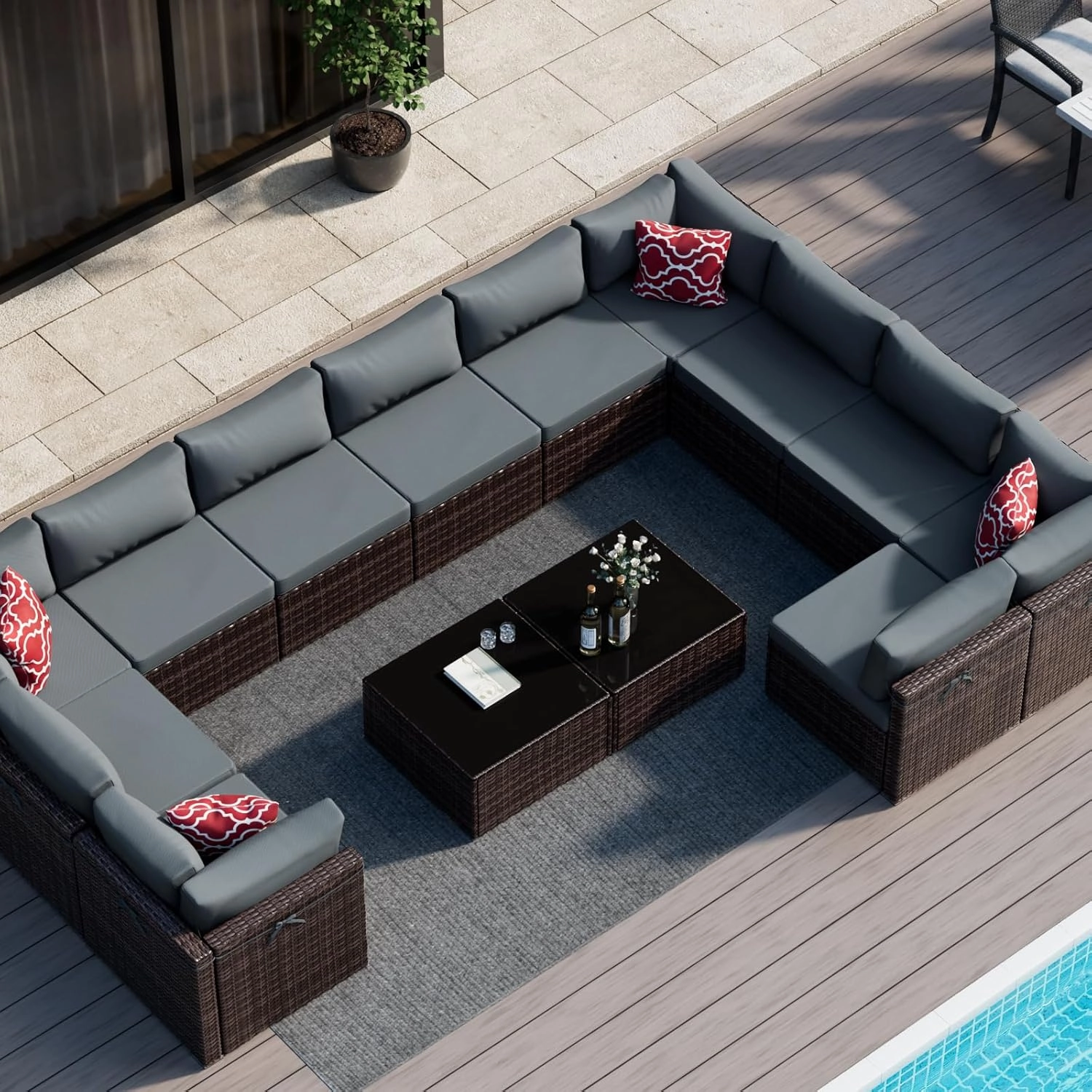 14-Piece Brown Rattan Patio Furniture Sets, Outdoor Conversation Sofa Sets with Water Resistant Gray Cushions & Tempered Glass Coffee Table, Modular Outdoor Sectional Sofa Sets with 2 Pillows