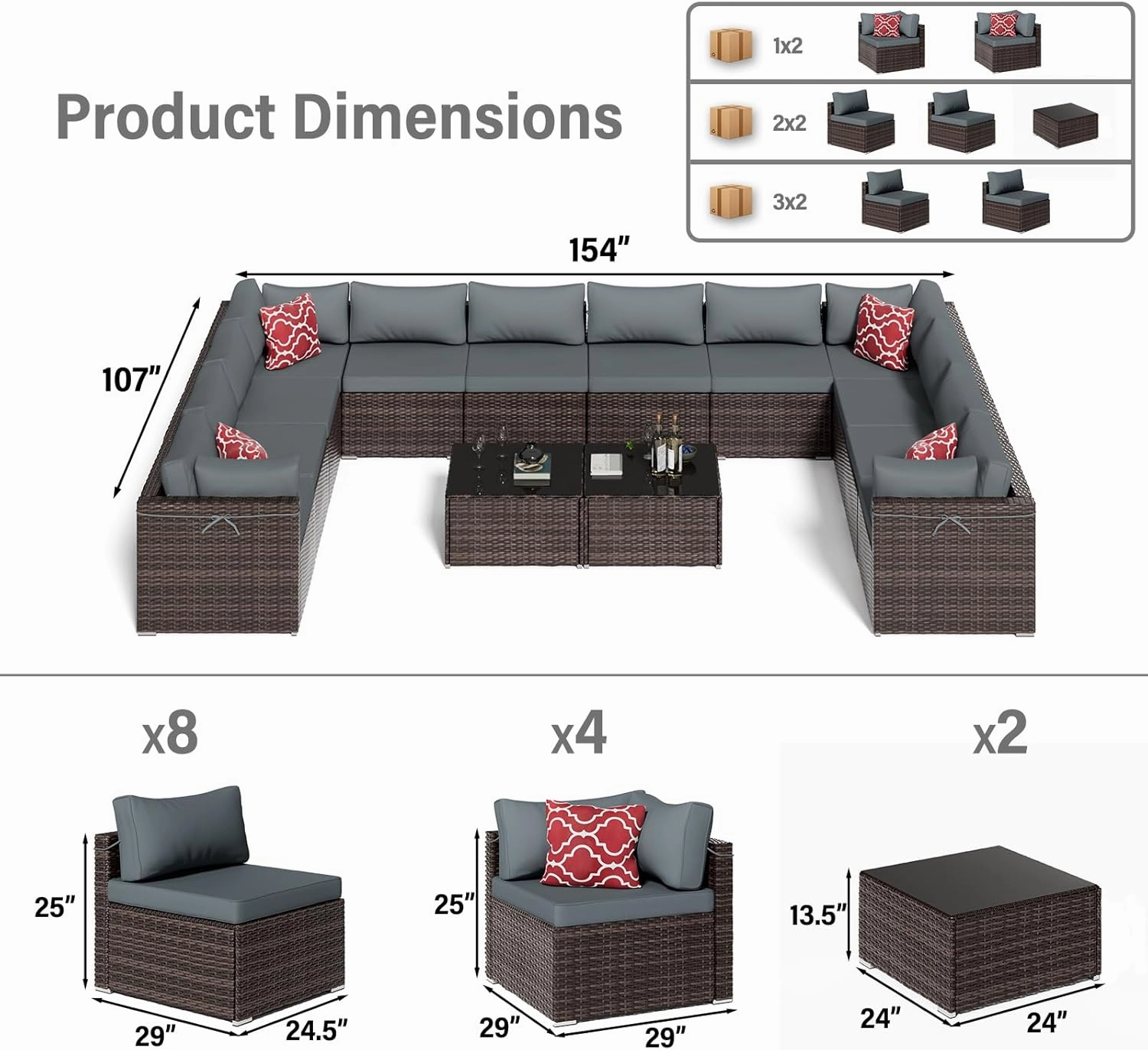 14-Piece Brown Rattan Patio Furniture Sets, Outdoor Conversation Sofa Sets with Water Resistant Gray Cushions & Tempered Glass Coffee Table, Modular Outdoor Sectional Sofa Sets with 2 Pillows