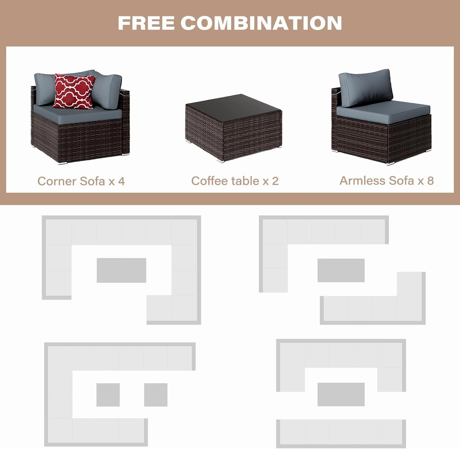 14-Piece Brown Rattan Patio Furniture Sets, Outdoor Conversation Sofa Sets with Water Resistant Gray Cushions & Tempered Glass Coffee Table, Modular Outdoor Sectional Sofa Sets with 2 Pillows