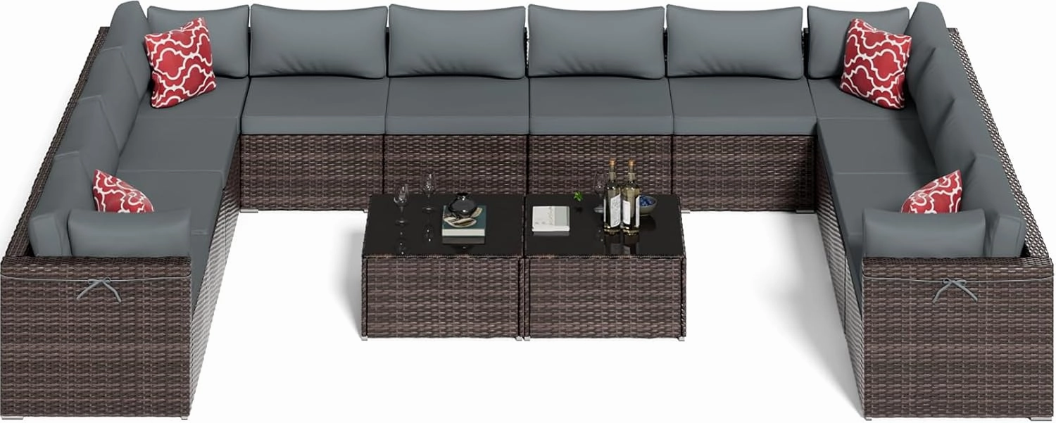 14-Piece Brown Rattan Patio Furniture Sets, Outdoor Conversation Sofa Sets with Water Resistant Gray Cushions & Tempered Glass Coffee Table, Modular Outdoor Sectional Sofa Sets with 2 Pillows