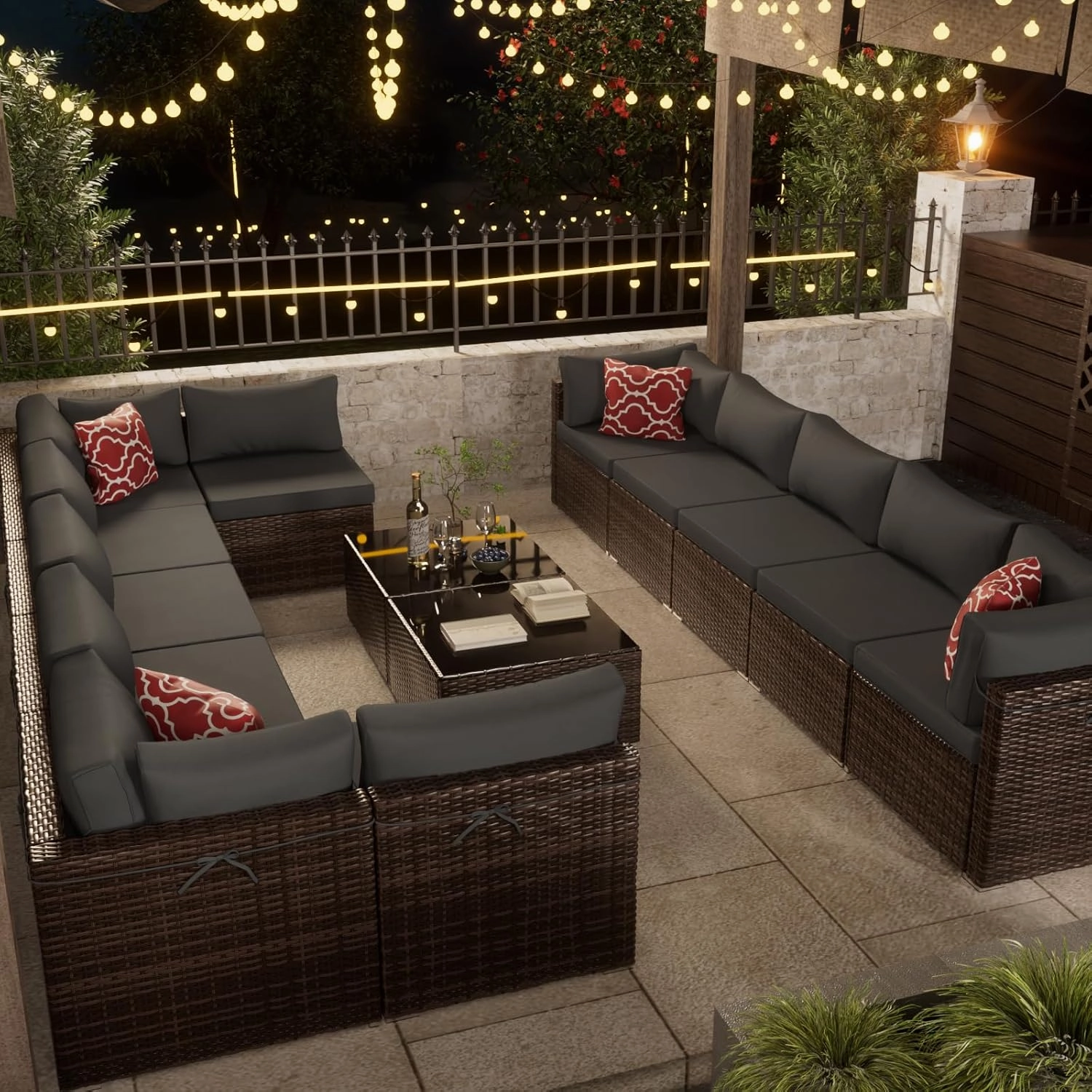 14-Piece Brown Rattan Patio Furniture Sets, Outdoor Conversation Sofa Sets with Water Resistant Gray Cushions & Tempered Glass Coffee Table, Modular Outdoor Sectional Sofa Sets with 2 Pillows