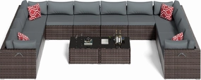 14-Piece Brown Rattan Patio Furniture Sets, Outdoor Conversation Sofa Sets with Water Resistant Gray Cushions & Tempered Glass Coffee Table, Modular Outdoor Sectional Sofa Sets with 2 Pillows