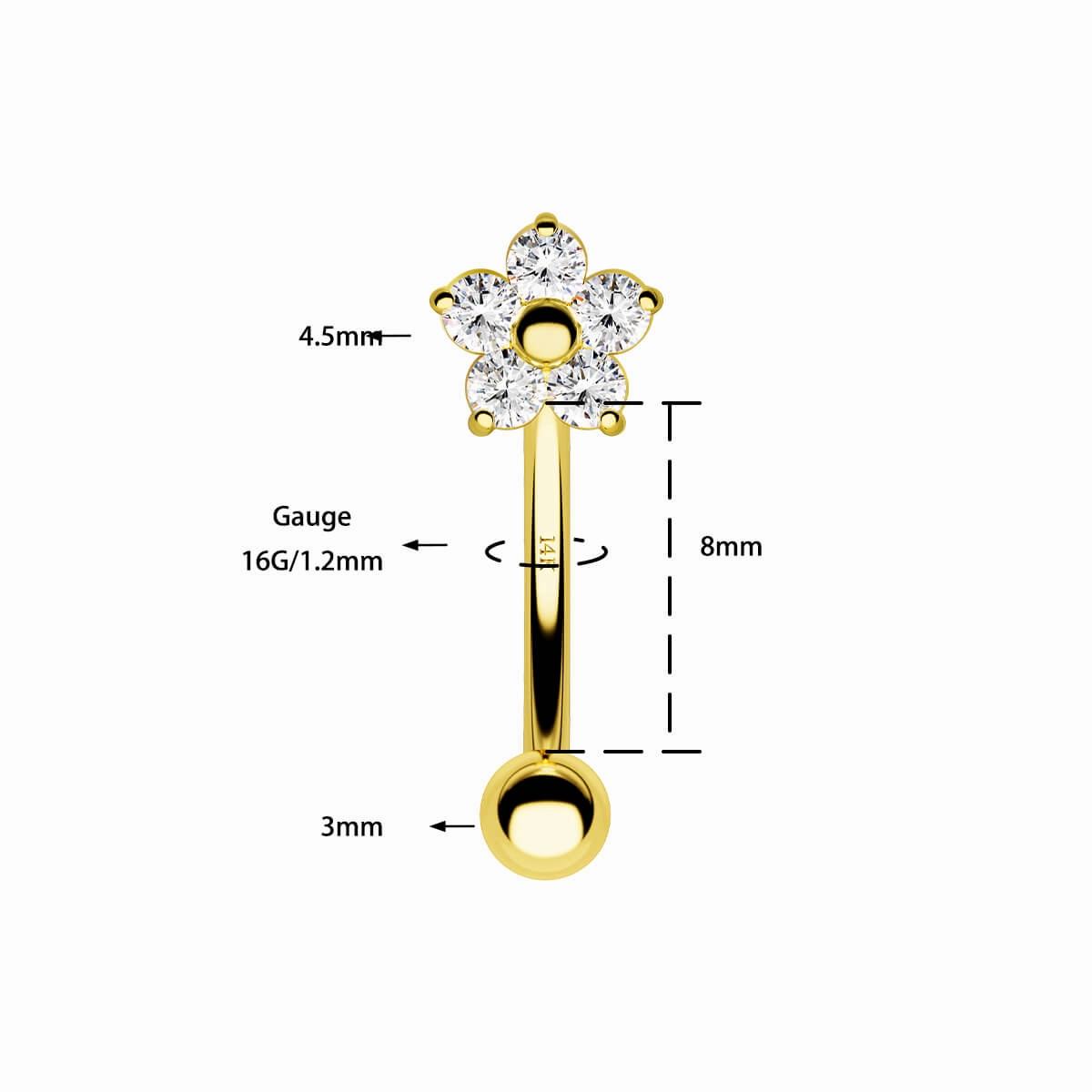 14K Solid Gold Clear CZ Flower Rook Earring
