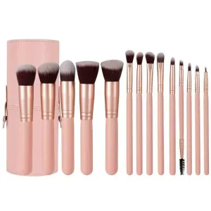 14PCS Professional Makeup Brush Set with Travel Case - 5 Full-Size & 9 Detail Brushes for Foundation, Eyeshadow, Blending, Vegan Soft Synthetic Bristles (Rose Gold)