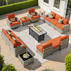15-Piece Outdoor Sectional Sofa Set w/ 54" Fire Pit – L-Shaped Wicker Patio Furniture, Deep Seating & Swivel Rockers, Red