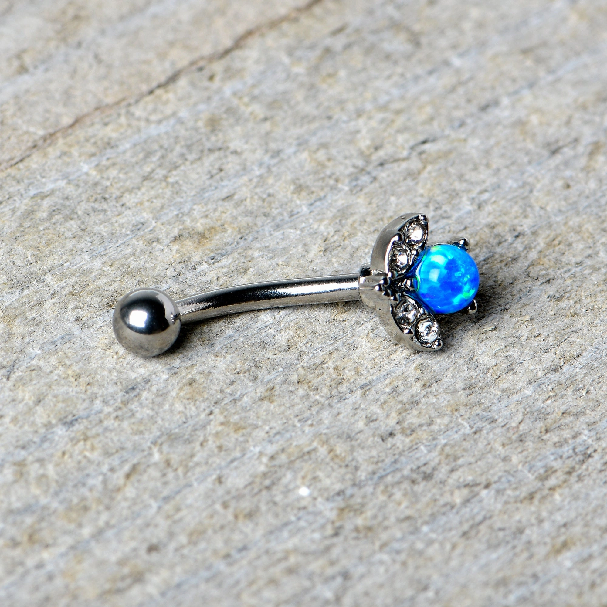 16 Gauge 5/16 Clear Gem Blue Faux Opal Style Flower Curved Eyebrow Ring