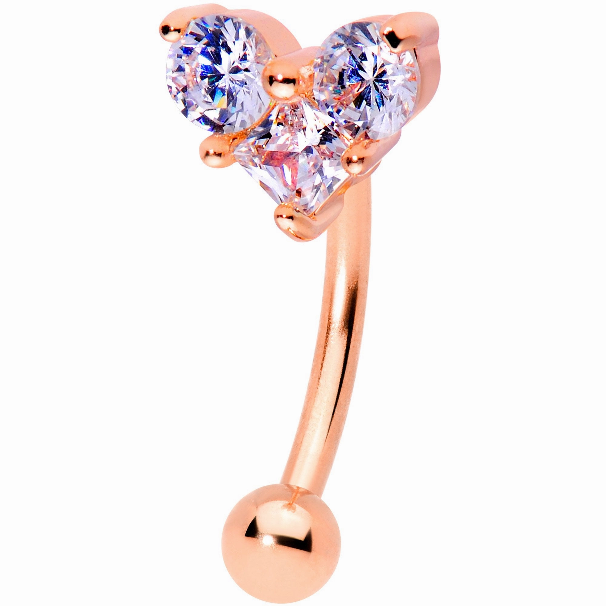16 Gauge 5/16 Clear Gem Trio Rose Gold Tone Heart Curved Eyebrow Ring
