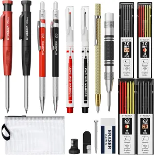 17 Pack Mechanical Carpenter Pencil Set with Sharpener 40 Refills, Automatic Center Punch, Carbide Scribe Tool, Eraser and Deep Hole Marker Pen, Heavy Duty Construction Pencil for Architect-With Pouch
