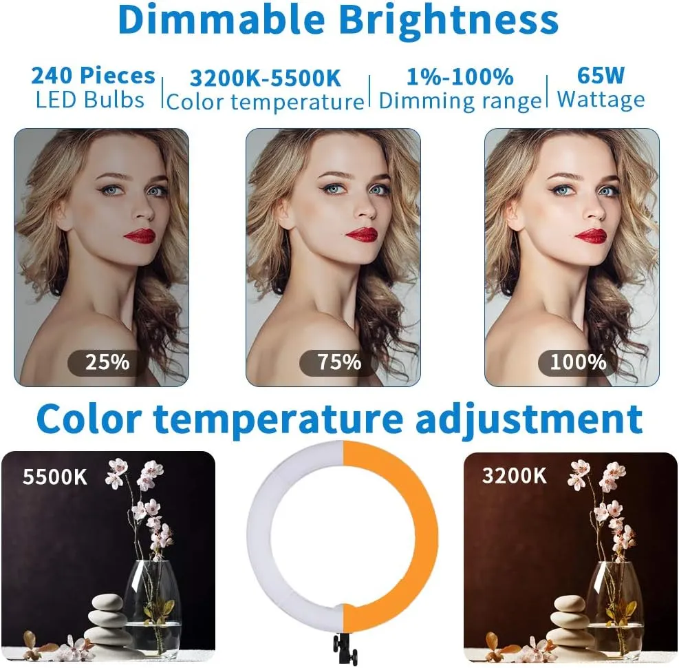 18inch 65W LED Makeup Ring Light with Mirror for Eyebrow Tattoo Lash Lamp Beauty Light Eyelash Extension Lamp Studio Video Portrait Photography Light with Tripod Phone Holder Mirror and Bag