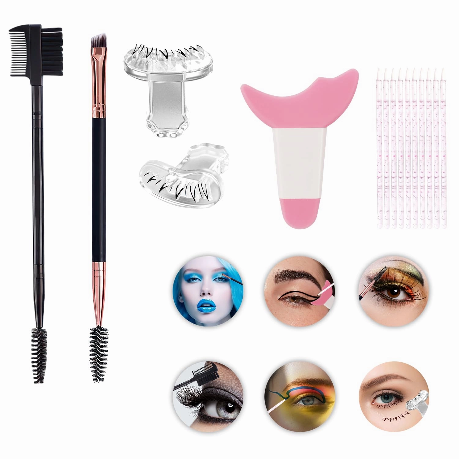 1PC2 in1Eyelash Comb Dual Purpose Eyelash,1Brow & Lash Shaper with 3 Different Spoolie Brushes, 1 Eyeshadow and Eyeliner Stencils Pad,2Pcs Eyelash Stamps Tool,10pc Disposable Eyeliner Makeup