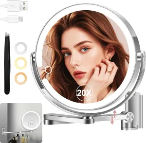 1X/20X Rechargeable Wall Mounted Lighted Makeup Mirror, 8" Magnifying Mirror with 3 Color Dimmable Lights for Bathroom, Built in 2000mAh Battery, 360° Rotation Vanity Mirror Extendable Arm