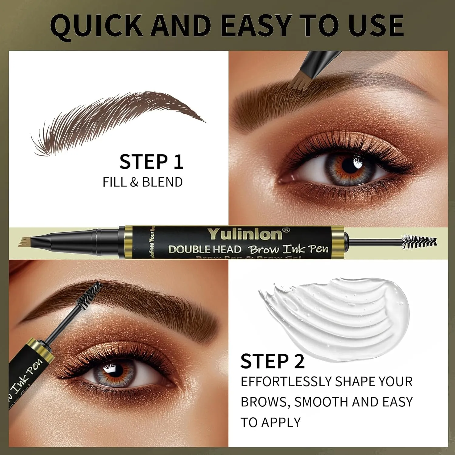 2-in-1 Double Head Eyebrow Pen and Gel, Waterproof Brow Makeup with Dual-Ended Applicator (3#Dark Brown)