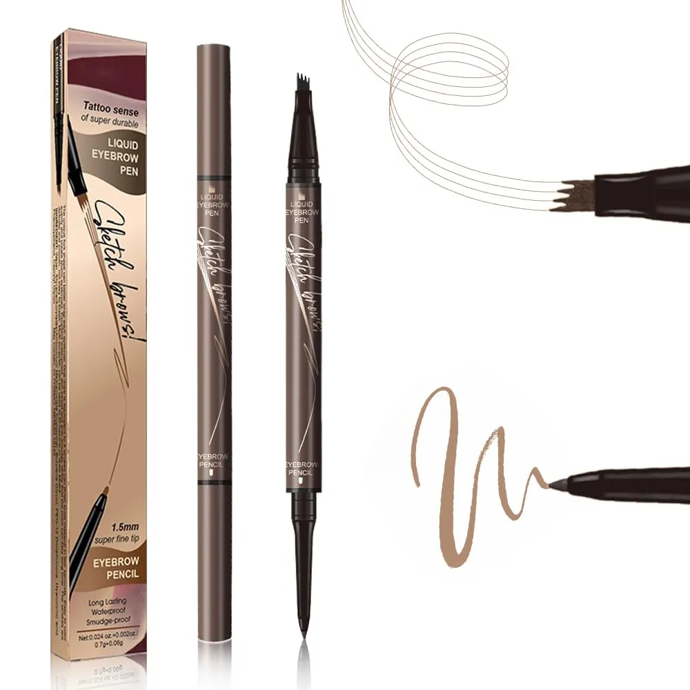 2 in 1 Eyebrow Pencil, 2025 Upgrade Magic Eyebrow Tattoo Pencil 4 Fork Tip, Dual- Ended Microblading Eyebrow Pen for Natural Hair-Like Brows Eyebrow Pen (Dark Brown)