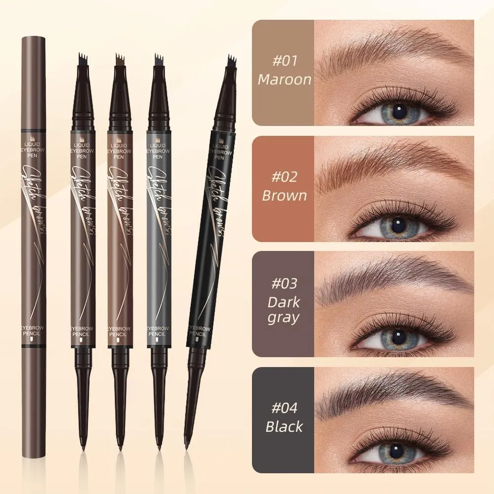 2 in 1 Eyebrow Pencil, 3D Microblading Eyebrow Pen, 4 Tip Eyebrow Magic Eyebrows, Natural Makeup Fine Stroke Eyebrows Pencil, Long-Lasting Waterproof Eyebrows Pencils for Women (Brown, One Size)