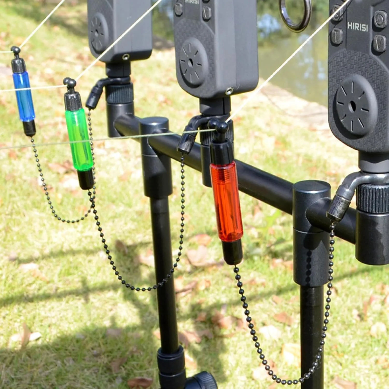 2-Pack European Carp Fishing Alarm System - Adjustable Swing Chain & Bite Tensioner with Glow Stick Slot (Red/Green/Yellow/Blue)