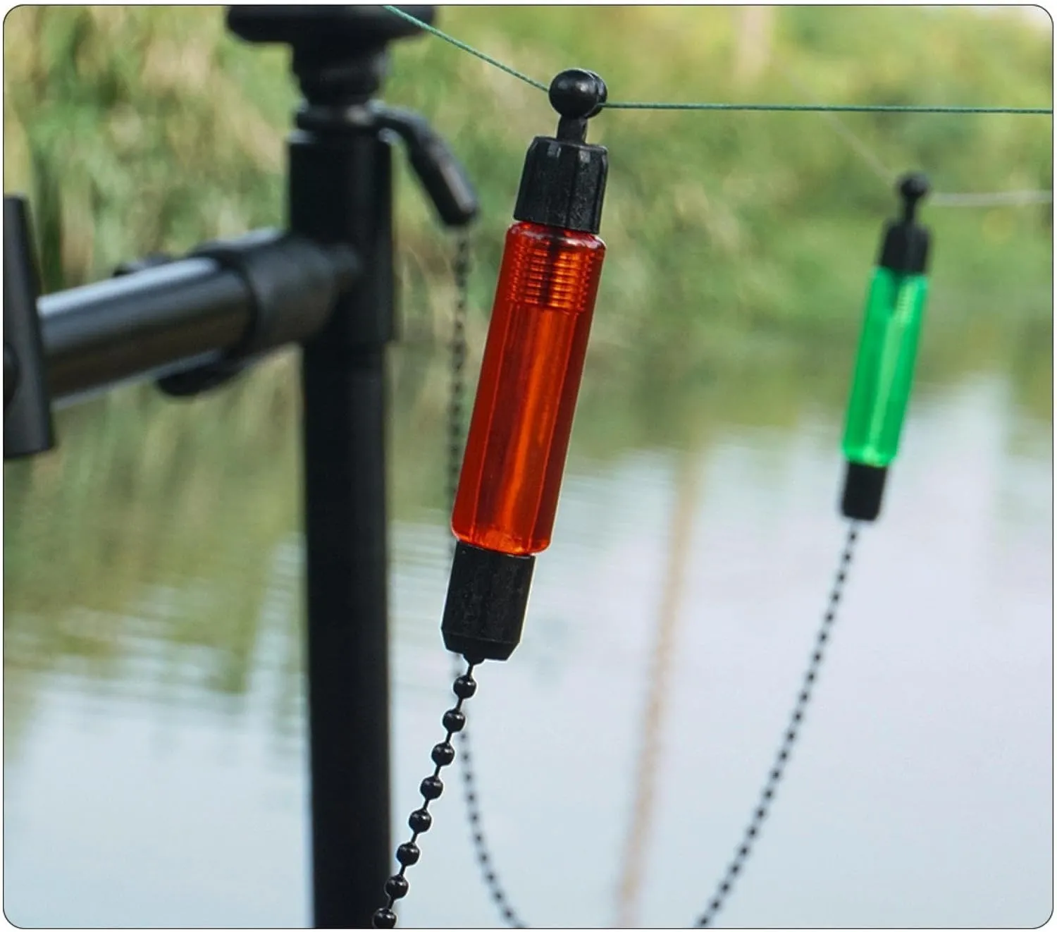2-Pack European Carp Fishing Alarm System - Adjustable Swing Chain & Bite Tensioner with Glow Stick Slot (Red/Green/Yellow/Blue)