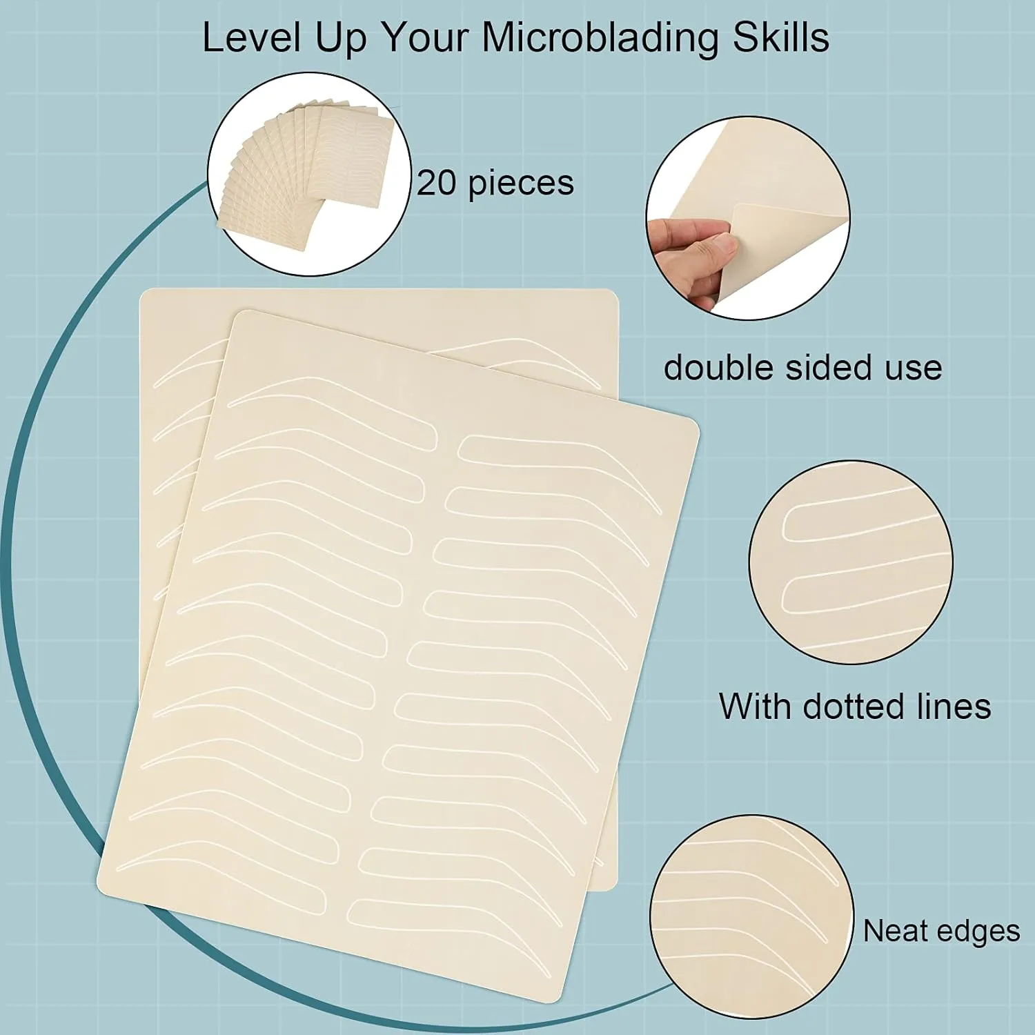 20 Pieces Microblading Supplies Double Sided Practice Skin for Eyebrows Tattoo Fake Skin Rubber Microblading Kit No Ink Makeup Silicone Skins to Practice Brow