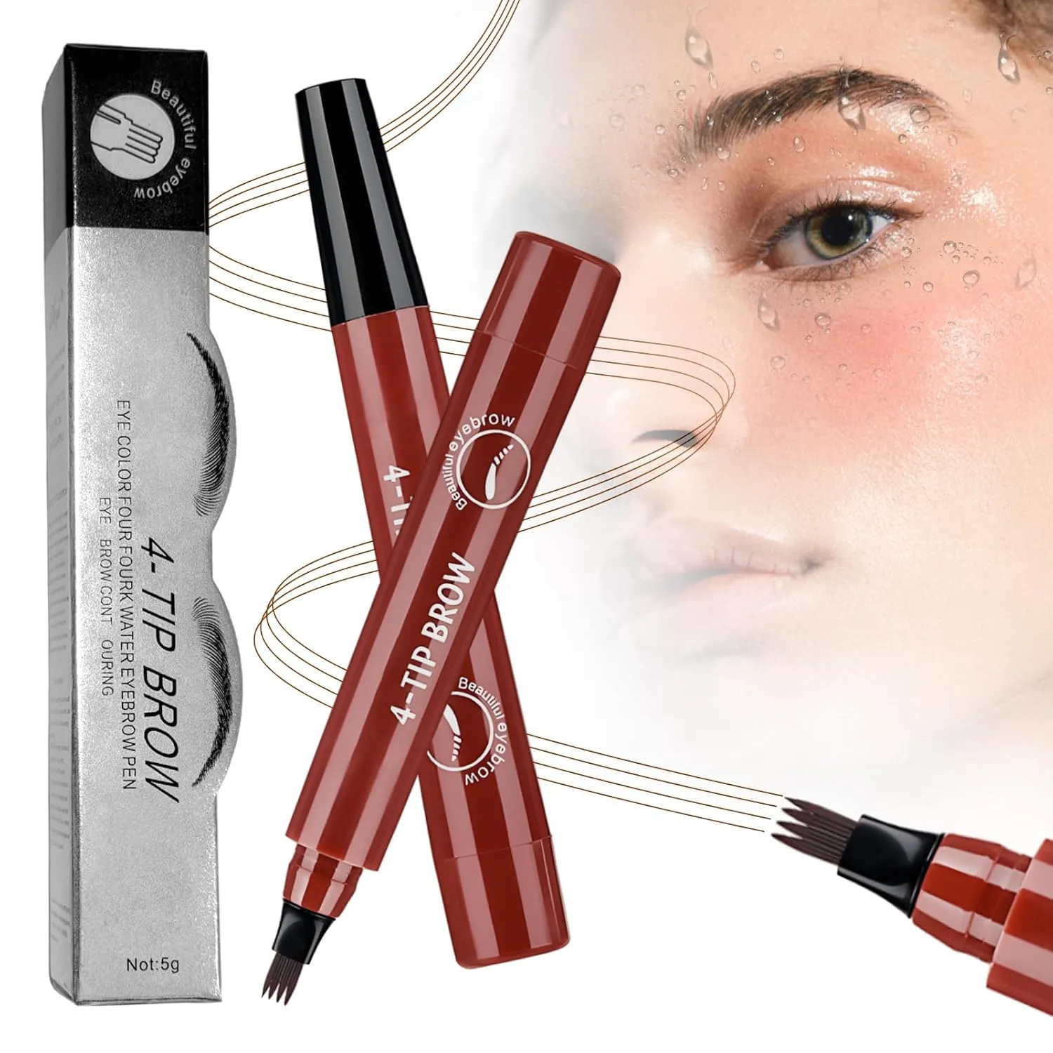 2025 New Magic Eyebrow Pencil, 4 Tipped Precise Brow Pen 3D Waterproof Microblading Contouring Pen Fine Stroke Creates Natural (Red Brown)
