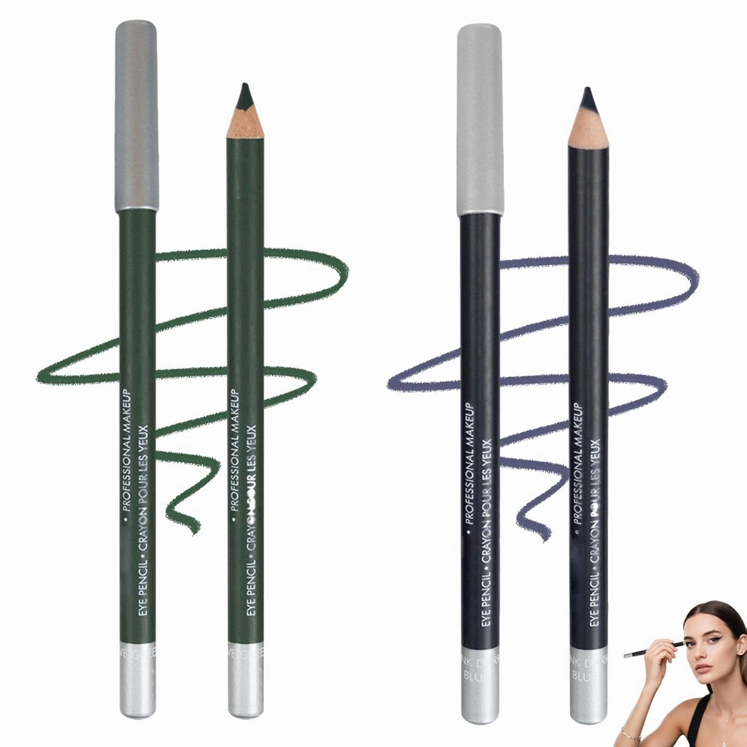 2025 New 24 HR Waterproof Eyeliner Duo Sharpenable Eye Pencil, No Smudging, Fading, 2 in 1 Eye Liner and Eyebrow Pencils, Smooth and Easy to Color (Green Blue)