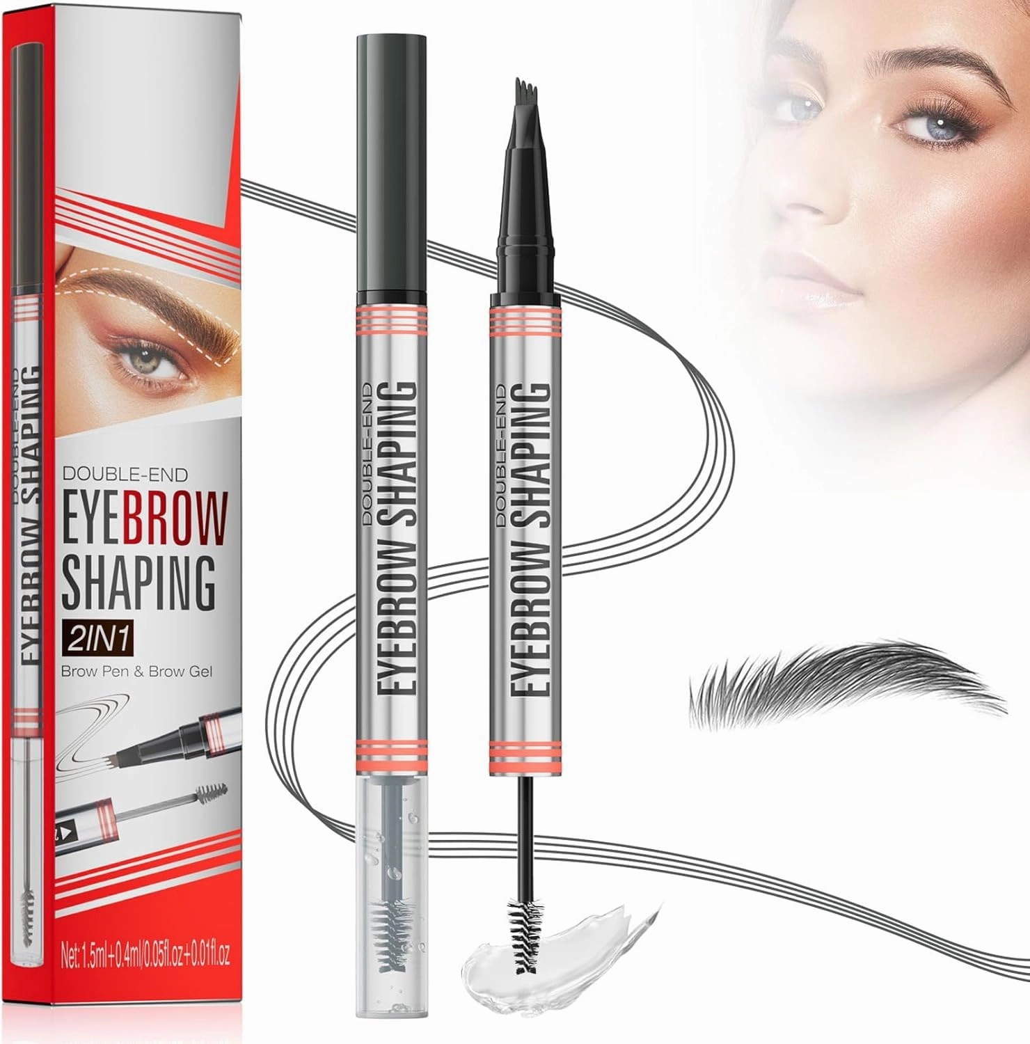 2025 New 2-in-1 Eyebrow Pencil with Gel, Dual-Ended 3D Microblading Magic Eyebrow Pen with 4 Tip & Eyebrow Brush, Waterproof Eyebrow Pencil Makeup Long-Lasting Eyebrow Pen for Women (Gray)