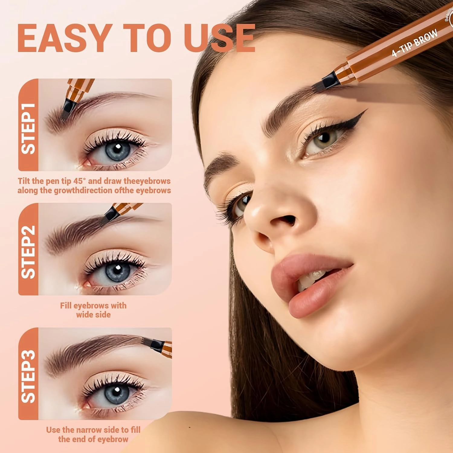 2025 New Magic Eyebrow Pencil, 4 Tipped Precise Brow Pen 3D Waterproof Microblading Contouring Pen Creates Natural (Gray Brown)