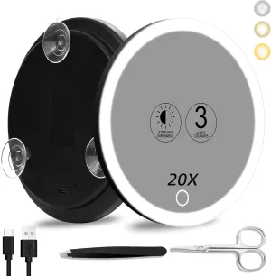20x Lighted Magnifying Mirror with Suction Cups, Large 6'' Magnified Mirror with Light High Magnification Travel Makeup Mirror, Rechargeable Battery, 3 Colors Dimming Light, with Tweezers &Scissors