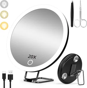 20X Magnifying Mirror with Light, Large 6'' Rechargeable 3 Colors Dimming Lighted Magnified Mirror with 3 Suction Cups and 360° Table Stand, Vanity Makeup Mirror with Tweezers & Scissors