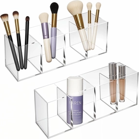2-Pack Acrylic 4-Compartment Makeup Organizer, Transparent Plastic Makeup Brush Holder, Perfect Bathroom Vanity Storage Solution for Makeup Brushes, Eyebrow Pencils, and More