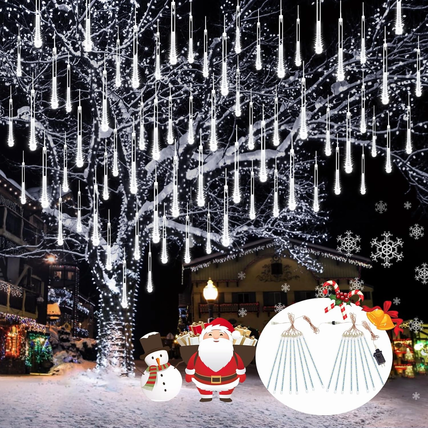 2-Pack Christmas Decorations Lights Outdoor, Total 384LED Meteor Shower Lights Rain Drop Light 30cm 16 Tubes Indoor Outdoor Snow Cascading String Light for Xmas Tree Roof Party Garden (Cool White)