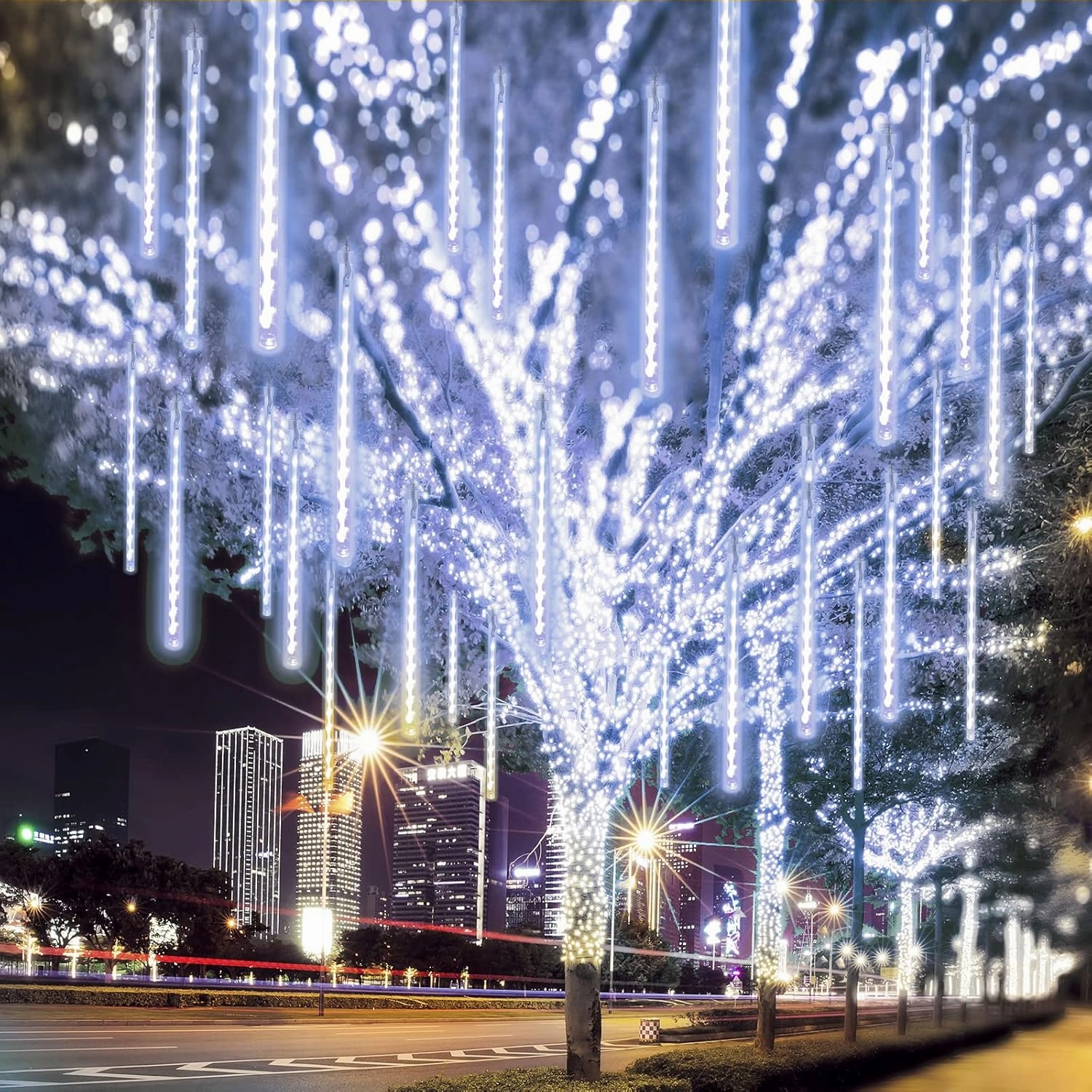 2-Pack Christmas Decorations Lights Outdoor, Total 384LED Meteor Shower Lights Rain Drop Light 30cm 16 Tubes Indoor Outdoor Snow Cascading String Light for Xmas Tree Roof Party Garden (Cool White)