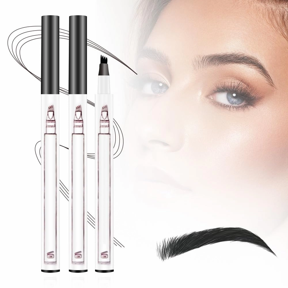 2 Pcs 3D Waterproof Magic Eyebrow Pencil, 2025 New Eyebrow Microblading Pen, 4 Tipped Precise Brow Pen, Long-Lasting Fine Stroke Microblade Eyebrow Pencil for Makeup Last All Day (Black)