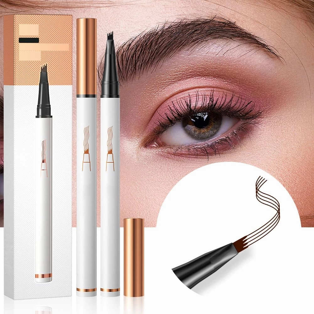 2PCS Waterproof Magic Eyebrow Pencil, 3D Microblading Eyebrow Pencil 4 Tipped Brown Pen, Eye Brown Makeup Long-Lasting Eyebrow Pen Stay on All Day (Gray)