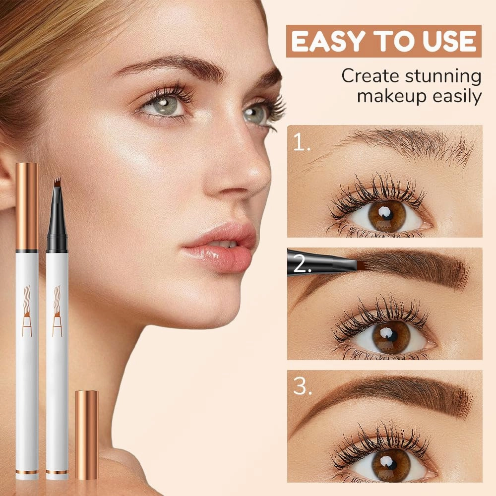 2PCS Waterproof Magic Eyebrow Pencil, 3D Microblading Eyebrow Pencil 4 Tipped Brown Pen, Eye Brown Makeup Long-Lasting Eyebrow Pen Stay on All Day (Gray)