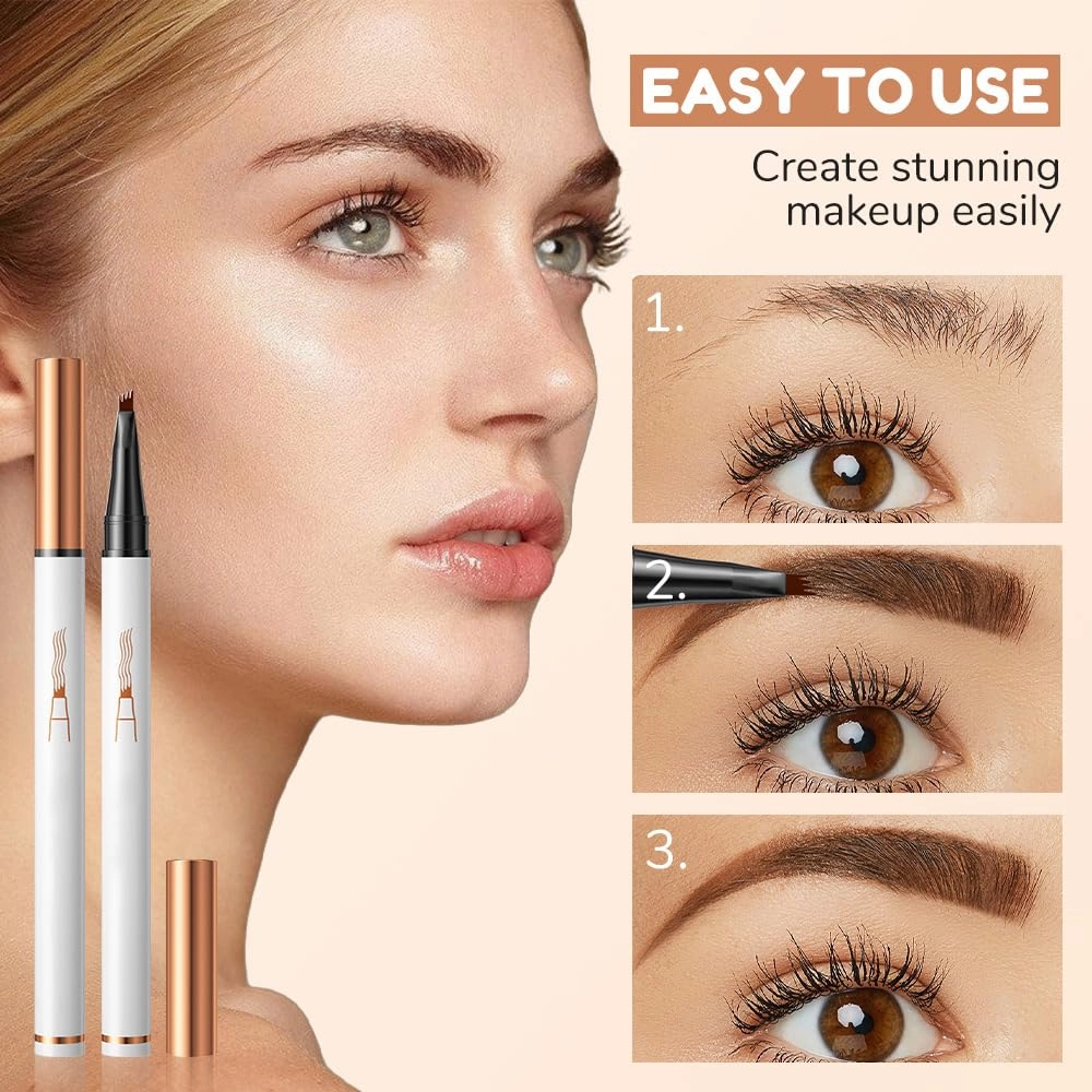 2PCS Waterproof Magic Eyebrow Pencil, 3D Microblading Eyebrow Pencil 4 Tipped Brown Pen, Eye Brown Makeup Long-Lasting Eyebrow Pen Stay on All Day (Light brown)