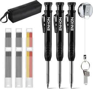 3 Pcs Carpenter Pencils with Retractable Holder, Mechanical Pencils Set with 36 Refills, Deep Hole Marker Construction Pencil with Built in Sharpener and Portable Pencil Bag for Architect Woodworking