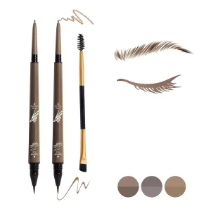 3 Pcs Eyebrow Pencil Set, with 2 Dual Ended Waterproof & Long Lasting Liquid Eyebrow Pen and with 1 Eyebrow Brush, Brown