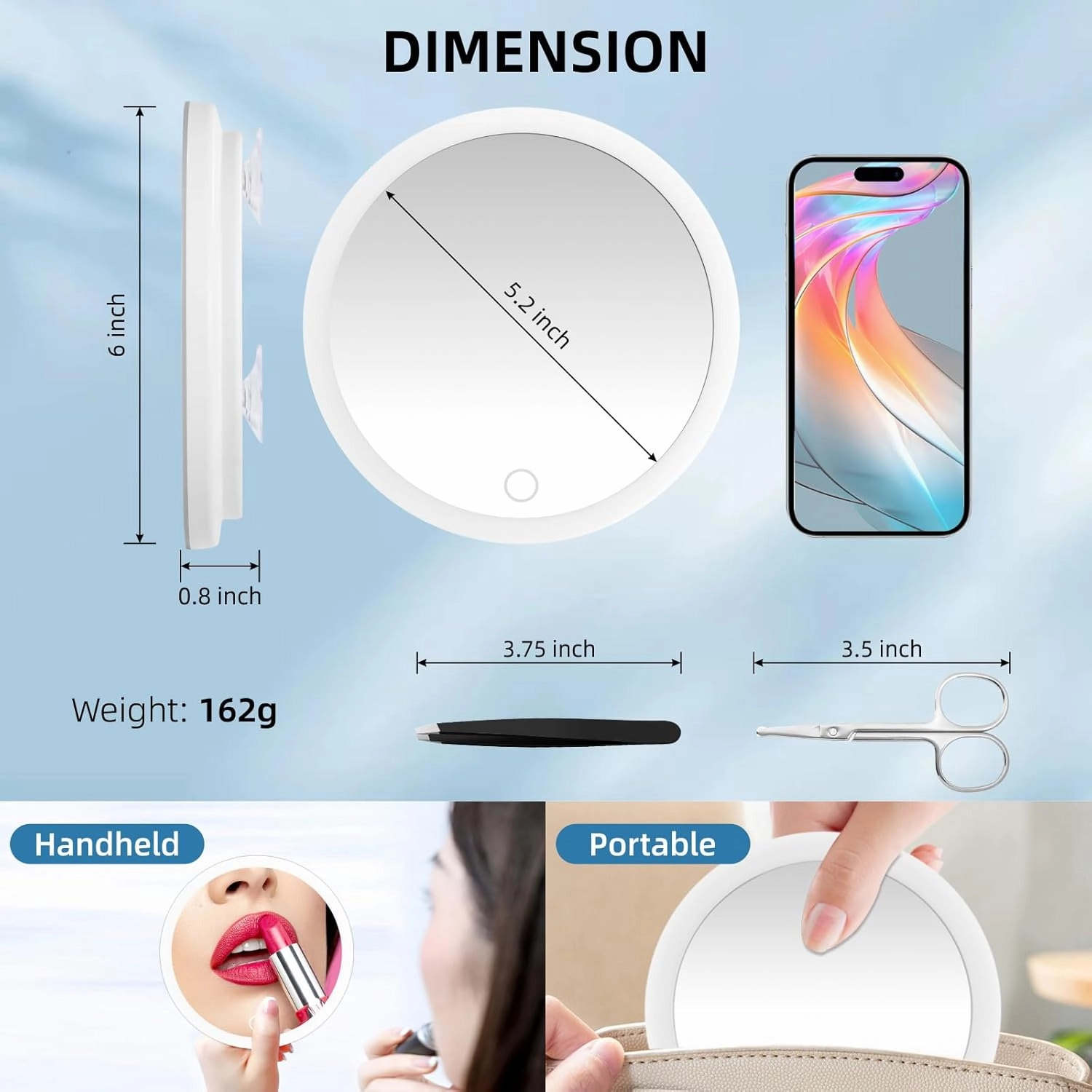 30X Concave Magnifying Mirror with Lights, 3 Color Lighting Adjustable Brightness, 6inch Travel Magnified Mirror with Suction Cups, Large 30x High Makeup Magnification and Tweezers