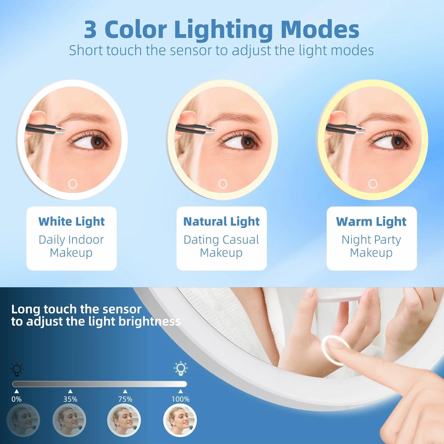 30X Concave Magnifying Mirror with Lights, 3 Color Lighting Adjustable Brightness, 6inch Travel Magnified Mirror with Suction Cups, Large 30x High Makeup Magnification and Tweezers