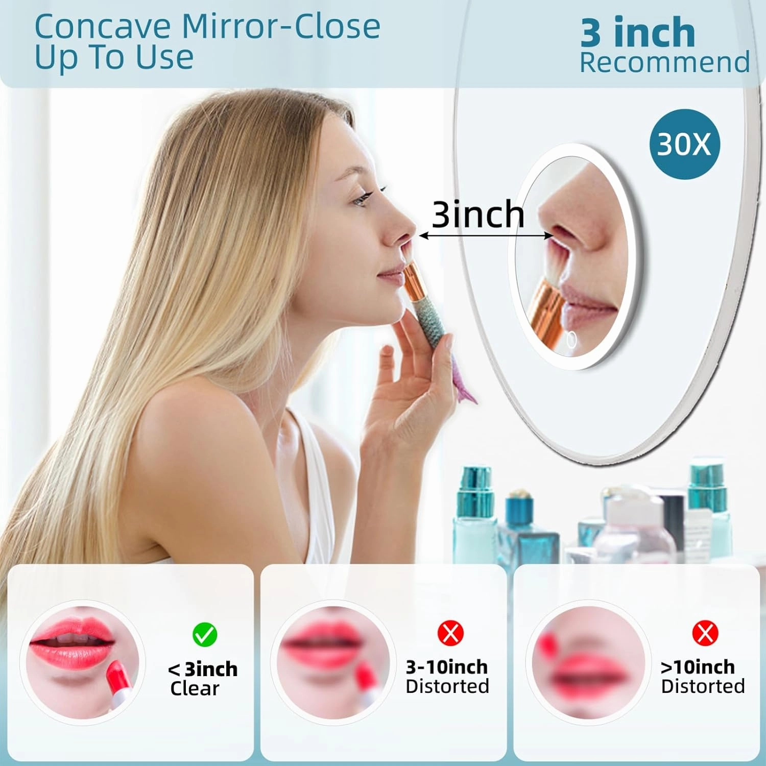 30X Concave Magnifying Mirror with Lights, 3 Color Lighting Adjustable Brightness, 6inch Travel Magnified Mirror with Suction Cups, Large 30x High Makeup Magnification and Tweezers
