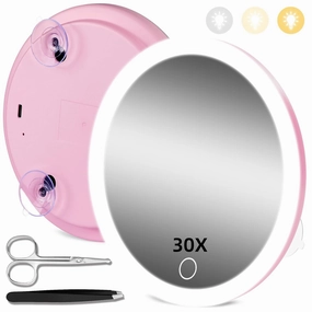 30X Concave Magnifying Mirror with Lights, 3 Color Lighting Adjustable Brightness, 6inch Travel Magnified Mirror with Suction Cups, Large 30x High Makeup Magnification and Tweezers